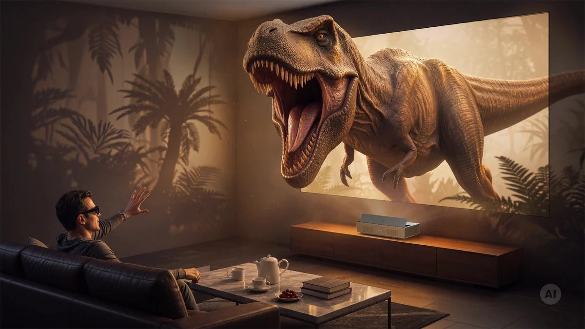 Divák s 3D brýlemi a dinosaurus na plátně